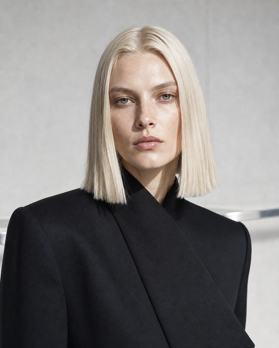 Fictional blonde fashion model in sculptural tailoring inside a concrete studio