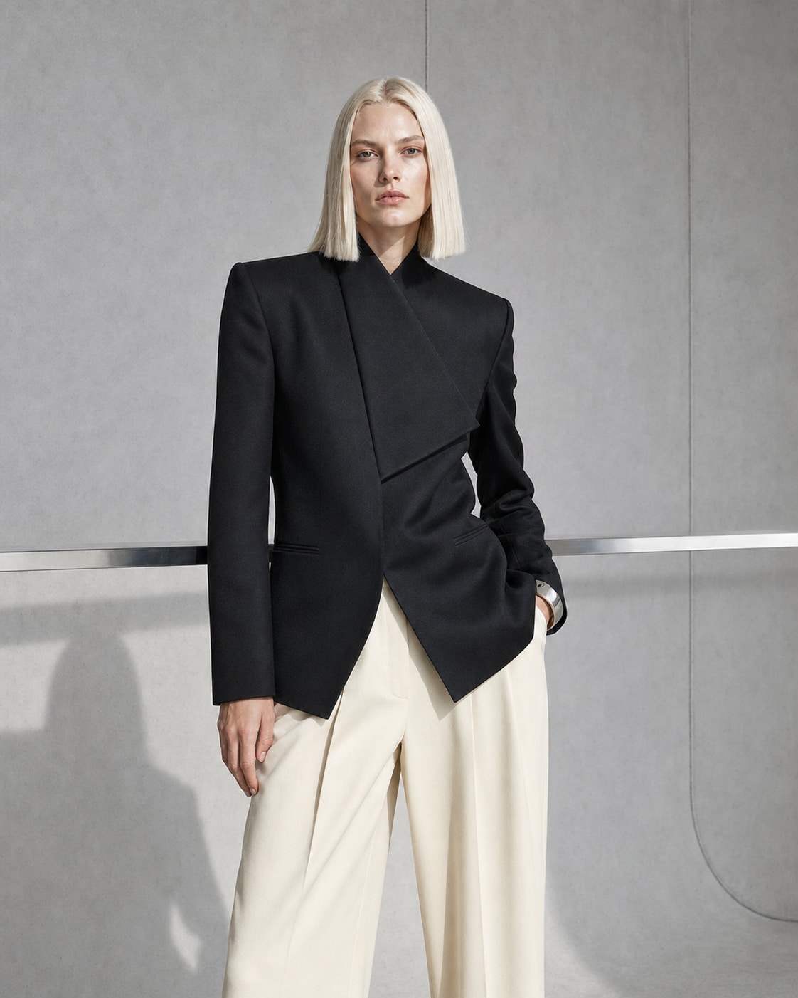 Fictional blonde fashion model in sculptural tailoring inside a concrete studio